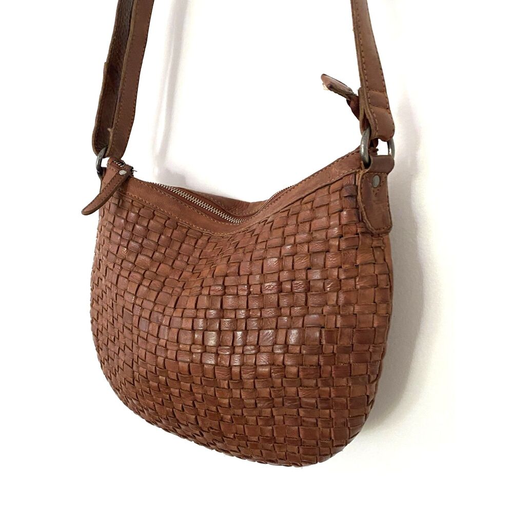 Anthro Vilenca Holland Cognac Leather Woven Crossbody Bag Boho Chic Timeless